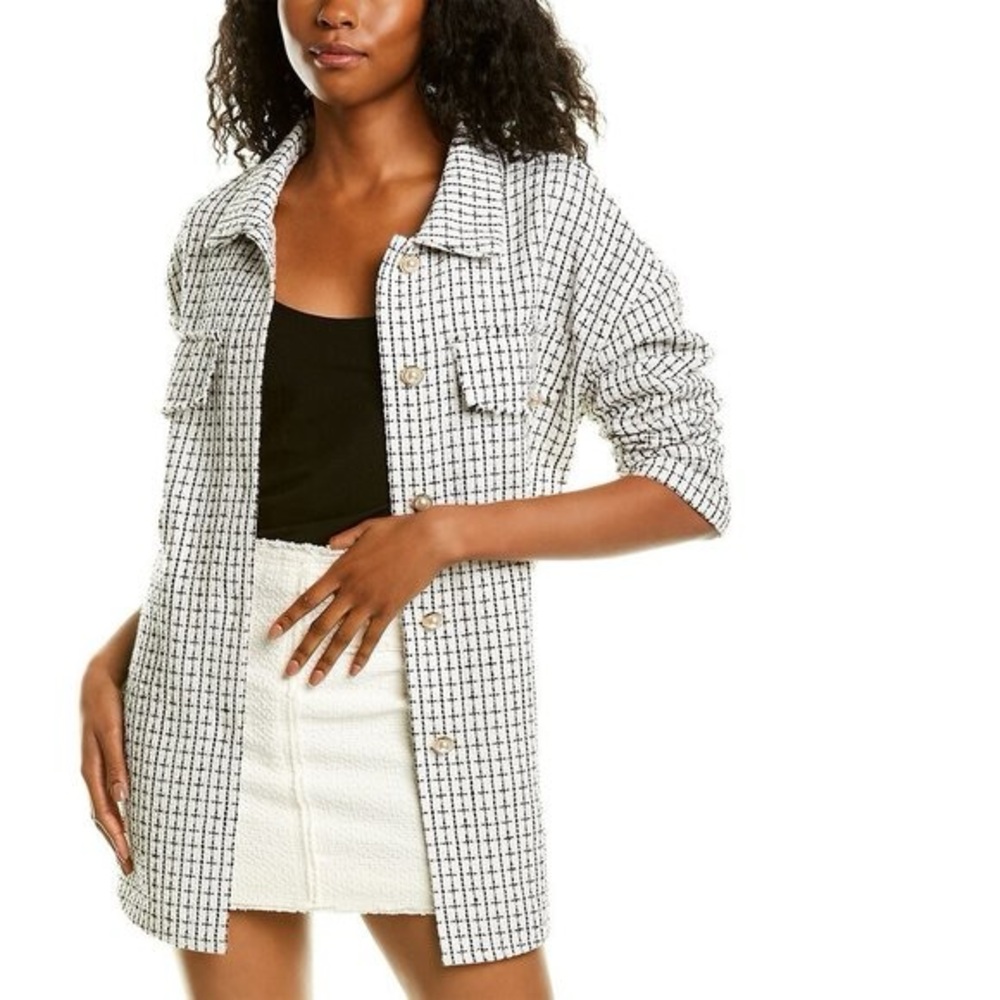 PLM Pascale La Mode Oversized White Black Plaid Tweed Shirt Jacket Pearls Large